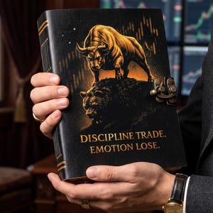 May include: A black leather-bound journal featuring a gold-toned metal latch closure. The cover displays a graphic illustration of a bull standing over a bear, set against a background of stock market candlestick charts, with the text DISCIPLINE TRADE. EMOTION LOSE. printed in gold lettering.