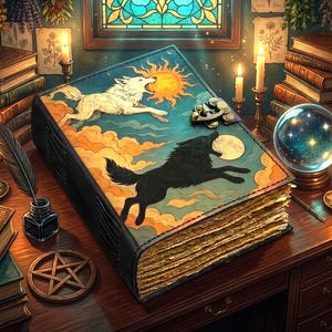 Könnte beinhalten: Ein dickes, ledergebundenes Buch mit Metallverschluss, dessen Einband einen weißen Wolf, der den Mond anheult, und einen schwarzen Wolf, der die Sonne anheult, zeigt. Das Buch hat gealterte, unebene Seiten und liegt auf einem Schreibtisch mit Kerzen, einer Feder und einer Kristallkugel.
