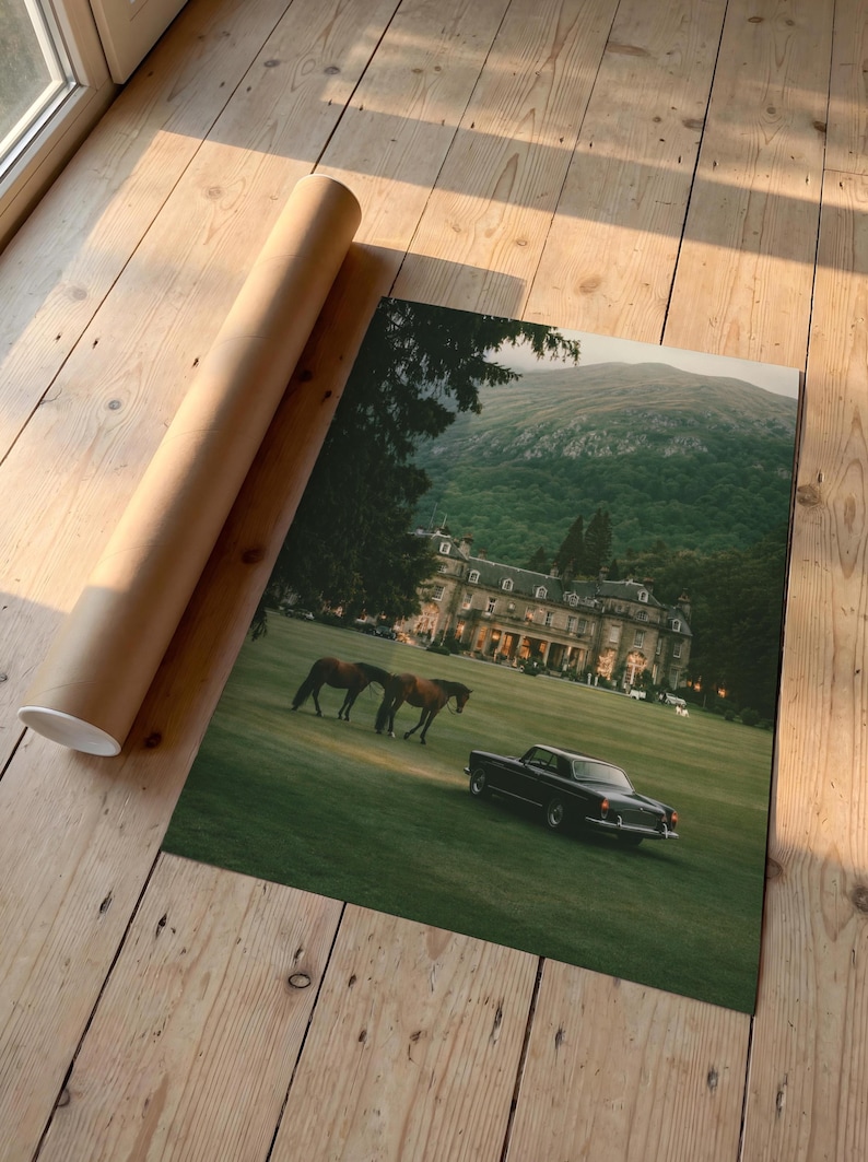 May include: A rectangular art print featuring a landscape scene with a large stone manor house, two brown horses grazing on a green lawn, and a black vintage car parked on the grass, accompanied by a cylindrical brown cardboard shipping tube.
