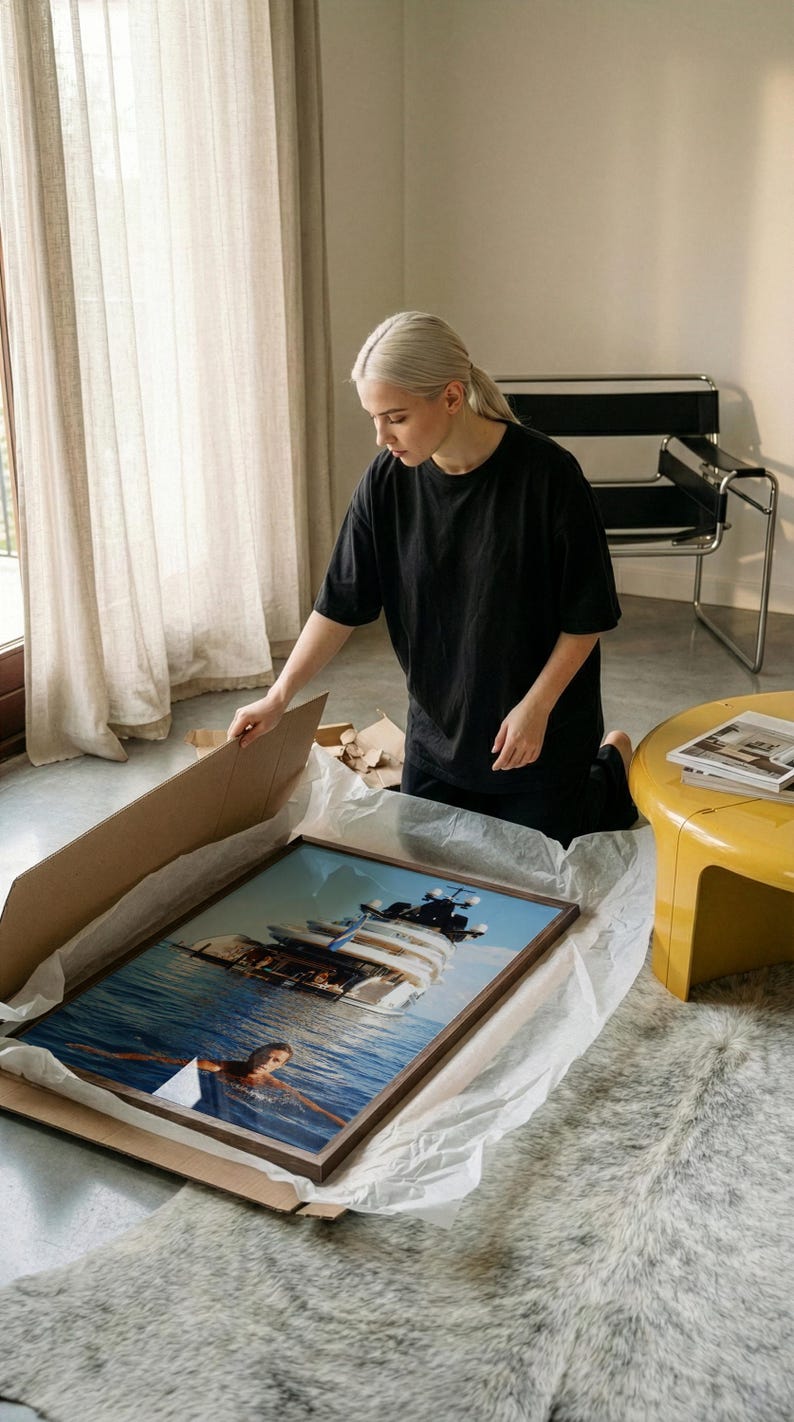 May include: A rectangular framed wall art print featuring a photographic image of a large white yacht anchored in deep blue water with a person swimming in the foreground. The artwork is encased in a dark brown wooden frame and rests in a cardboard box.