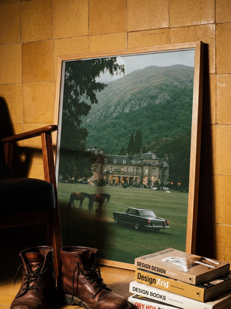 May include: A framed landscape photograph featuring a large manor house, two horses, and a vintage car on a green lawn with a mountain backdrop. The print is housed in a light wood frame and displayed alongside brown leather boots and stacked books.