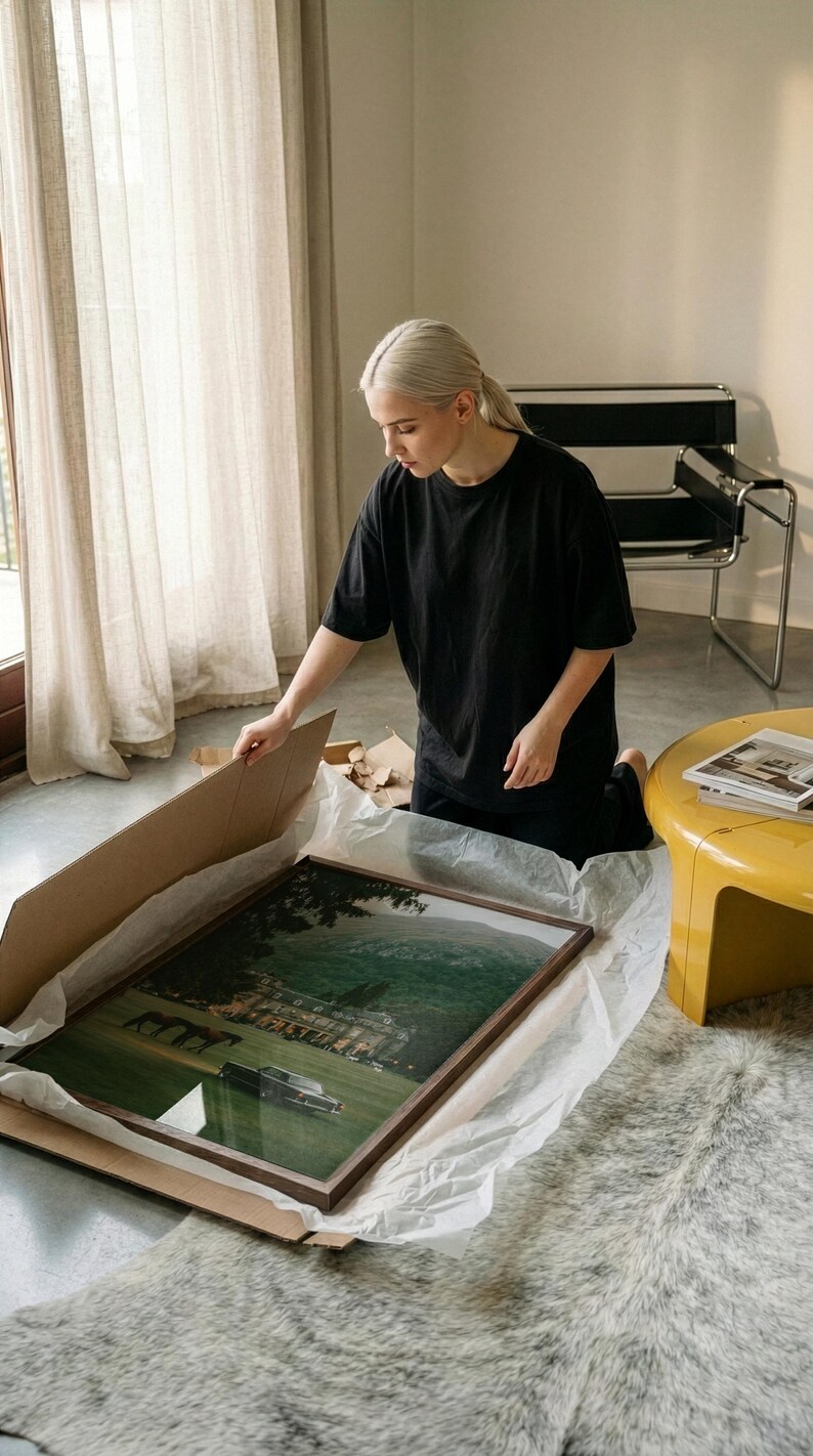 May include: A rectangular framed wall art print featuring a landscape scene with a large estate, green hills, and a vintage car parked on a lawn. The print is housed in a brown wooden frame and is partially wrapped in white tissue paper inside a cardboard box.