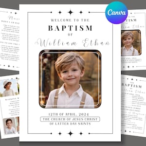 May include: A white baptism program template featuring black text and a central photograph of a young child in a white shirt and tan suspenders. The text reads Welcome to the Baptism of William Ethan, 12th of April, 2024, The Church of Jesus Christ of Latter Day Saints.