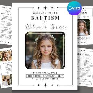 May include: A white baptism program template featuring a central photograph of a young person with wavy hair and a floral headpiece. The text reads Welcome to the Baptism of Olivia Grace, 12th of April, 2024, and The Church of Jesus Christ of Latter Day Saints.