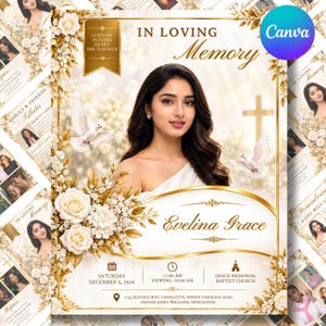 Op de afbeelding: Een sjabloon voor een uitvaartprogramma met een portret van een jonge vrouw, witte rozen en gouden bladeren. De tekst bevat IN LOVING MEMORY, Evelina Grace, zaterdag 5 december 2026, 11:00 uur, en Grace Memorial Baptist Church, 1234 Blessed Way, Charlotte, NC.