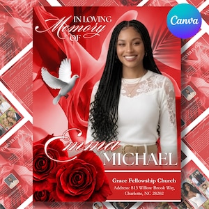 Può includere: Un modello di programma commemorativo con il ritratto di una persona con lunghi capelli intrecciati, che indossa un top bianco a maniche lunghe. Il design include rose rosse, una colomba bianca e il testo IN LOVING MEMORY OF Emma MICHAEL, Grace Fellowship Church.
