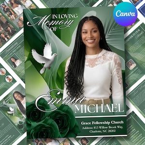 May include: A funeral program template featuring a portrait of a person with long dark braids, a white long-sleeved top, and a tan belt. The design includes green roses, a white dove, and the text In Loving Memory of Emma Michael.