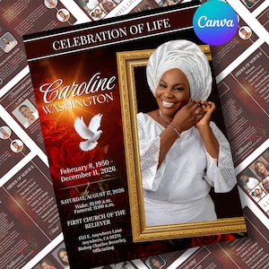 Plantilla para programa funerario, programa de celebración de vida, folleto de servicio conmemorativo editable, plantilla de obituario, folleto funerario de Canva