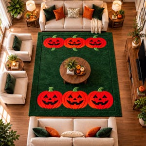 May include: A rectangular area rug featuring a deep green background with a dark green border and six large, bright orange jack-o'-lanterns arranged in two rows of three, each with a black carved face and a green stem.