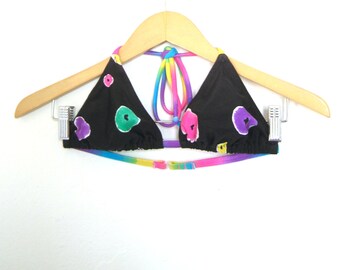 80s Black & Neon Tribal String Bikini Top Abstract Rainbow Pattern Club Kid Rave Pastel Goth Seapunk // XS