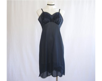 60s Vanity Fair Navy Blue Slip Dress Lace Detail Nightgown Scalloped Hem Semi-Sheer Romantic Goth Retro Mid-Century // S
