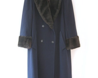 80s Navy Blue Wool & Faux Fur Trim Maxi Coat J. Percy Marvin Richards Long Peacoat Boho Mod Classic // M