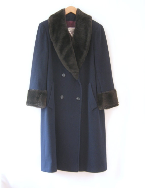 80s Navy Blue Wool & Faux Fur Trim Maxi Coat J. Pe