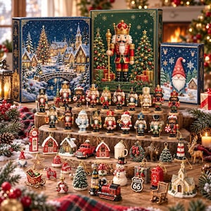 クリスマスビレッジアドベントカレンダー（アクリル製オーナメント24個入り）、くるみ割り人形ホリデーデコレーション、クリスマスツリーオーナメントギフトセット