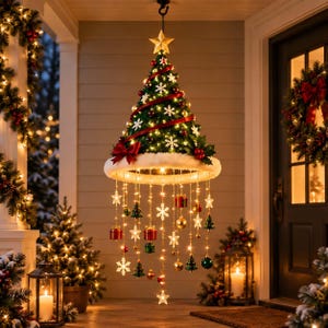 Decorazione natalizia a sospensione illuminata, ornamento a campanelli a vento a LED con stelle e fiocchi di neve, decorazione natalizia per la casa e il portico.
