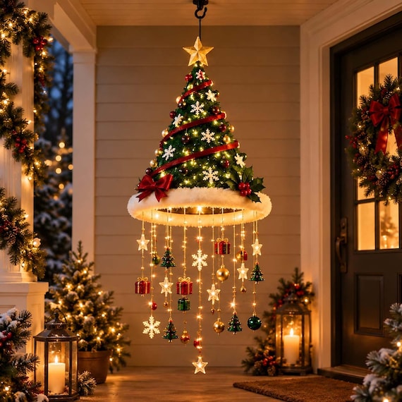 Lighted Christmas Tree Hanging Decor, LED Wind Chime Ornament with Star Snowflake Gift Charms, Holiday Home Porch Decoration