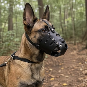 May include: A black leather dog muzzle featuring a cage-like design with silver-toned metal rivets and adjustable straps. The muzzle is secured around the snout and head of a tan and black dog, with a matching black leather collar and leash attachment.