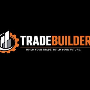 May include: A logo featuring the text TRADEBUILDER in white and orange, with the tagline BUILD YOUR TRADE. BUILD YOUR FUTURE. below it. To the left is a circular icon with an orange gear outline, white swoosh, and three grey vertical bars.