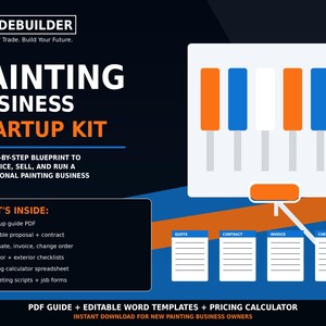 Op de afbeelding: Een digitale afbeelding voor een opstartkit voor schildersbedrijven met de tekst TRADEBUILDER, PAINTING BUSINESS STARTUP KIT, en een lijst met inbegrepen documenten zoals een gids, voorstel, contract, factuur en checklists.