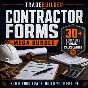 Op de afbeelding: Een digitaal product getiteld TRADEBUILDER CONTRACTOR FORMS MEGA BUNDLE met 30+ bewerkbare formulieren en rekenmachines. De afbeelding toont een witte veiligheidshelm, een rolmaat, een klembord met pen en een rekenmachine.