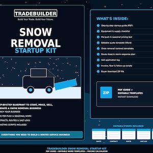 May include: A Tradebuilder Snow Removal Startup Kit digital product graphic featuring a dark blue background with white text, a stylised snow plough illustration, and a list of included business documents like a startup guide, contracts, and pricing tools.