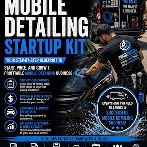 May include: A TradeBuilder mobile detailing startup kit advertisement featuring text, icons, and a person cleaning a car. The graphic includes business guides, pricing tools, supply checklists, and marketing strategies, plus editable templates and tools.