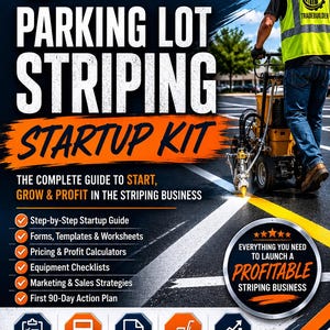 May include: A TradeBuilder parking lot striping startup kit advertisement featuring text, a person operating a yellow striping machine, and icons for plans, calculators, templates, equipment, and growth. The design includes orange and white text.