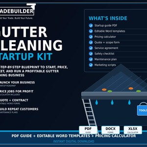 May include: A Gutter Cleaning Startup Kit digital product graphic featuring the Tradebuilder logo, text outlining business steps, a list of included documents like a startup guide, pricing calculator, and templates, and a house roof illustration.