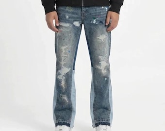 Washed Paint Splatter Flared Jeans
