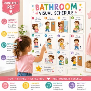 May include: A bathroom visual schedule poster featuring twelve numbered steps with illustrations of children performing potty training tasks. The chart includes text for each step, a 'Great job!' section, and a 'My reward' box, all designed for toddlers.