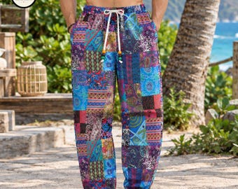 Boho paisley broek voor heren, broek met etnische print en trekkoord, loungebroek van katoen en linnen