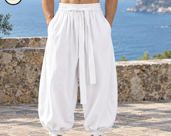 Men's Black Cotton Wide-Leg Pants, Loose Fit, Casual Streetwear