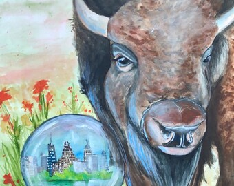 Buffalo with Terrarium in Field with The City of Buffalo New York Print