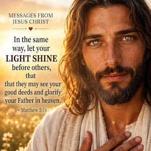 May include: A portrait of a man with long brown hair and a beard, wearing a light-colored robe. The text reads: MESSAGES FROM JESUS CHRIST. In the same way, let your LIGHT SHINE before others, that they may see your good deeds and glorify your Father in heaven. ~ Matthew 5:16.