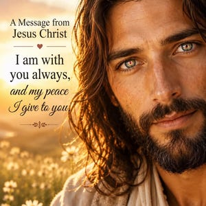 May include: A portrait of a person with long brown hair and a beard, featuring blue eyes. The text reads: A Message from Jesus Christ. I am with you always, and my peace I give to you. The background shows a sunlit field with white flowers.