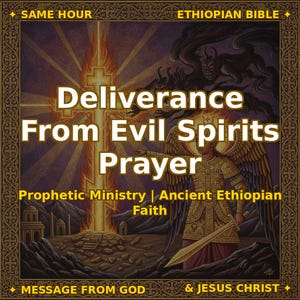 Puede incluir: Una ilustración religiosa con una figura alada con armadura dorada que sostiene una espada, una cruz en llamas y una entidad demoníaca oscura. El texto dice: SAME HOUR ETHIOPIAN BIBLE, Deliverance From Evil Spirits Prayer, Prophetic Ministry | Ancient Ethiopian Faith, MESSAGE FROM GOD & JESUS CHRIST.