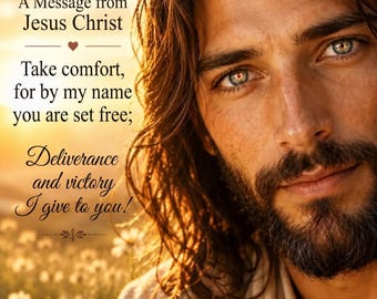May include: A portrait of a man with long brown hair and a beard, featuring the text: A Message from Jesus Christ, Take comfort, for by my name you are set free; Deliverance and victory I give to you! The background shows a field of white flowers.