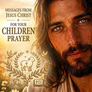 May include: A portrait of Jesus Christ with long brown hair and a beard, featuring the text "MESSAGES FROM JESUS CHRIST FOR YOUR CHILDREN PRAYER" and a gold graphic of a lamb, a cross, praying hands, and an open book with a cross symbol.