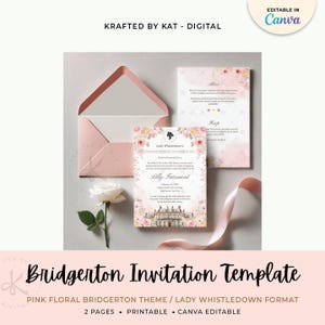 ブリジャートン 誕生日 Canva 招待状 レディ ホイッスルダウン テンプレート 5x7 - ピンクの花柄デザイン - 個人使用