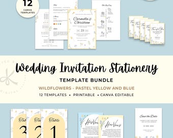 Wedding Invitation Template Bundle (Canva) - Wildflowers Pastel Yellow and Blue - Personal Use