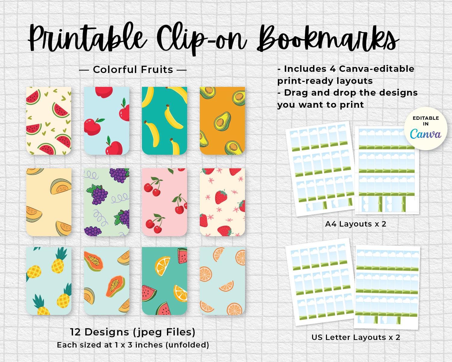 Downloadable Fruit-Themed Clip-On Bookmarks | DIY Printable | Instant Download