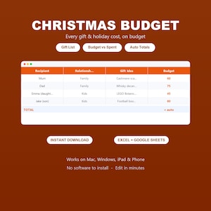 Peut inclure: Un modèle de feuille de calcul numérique pour le budget de Noël sur fond marron. L'interface comprend des onglets pour Gift List, Budget vs Spent et Auto Totals. Un tableau affiche des colonnes pour Recipient, Relationship, Gift Idea et Budget.