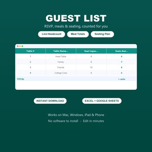 Wedding Guest List Spreadsheet | RSVP Tracker, Seating Chart Planner for Excel and Google Sheets | Meal Count, Table Assignments
