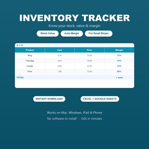 Peut inclure: Un modèle de feuille de calcul de suivi des stocks sur fond bleu sarcelle foncé. Le tableau affiche des colonnes pour le produit, le coût, le prix et la marge, listant des articles comme mug, tote bag, bougie et impression. Texte : "Inventory Tracker", "Instant Download", "Excel + Google Sheets".