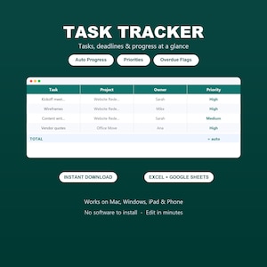Peut inclure: Un modèle de feuille de calcul de suivi des tâches sur fond vert foncé. L'interface affiche des colonnes pour Task, Project, Owner et Priority. Le texte inclut TASK TRACKER, Auto Progress, Priorities, Overdue Flags et EXCEL + GOOGLE SHEETS.