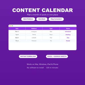 Peut inclure: Un modèle de calendrier de contenu numérique sur fond violet. L'interface affiche un tableau avec des colonnes pour Date, Plateforme, Type et Statut, incluant Instagram, TikTok, LinkedIn et Pinterest. Le texte indique "CONTENT CALENDAR", "Multi-Platform", "Idea Bank", "Stay Consistent", "INSTANT DOWNLOAD", "EXCEL + GOOGLE SHEETS" et "Works on Mac, Windows, iPad & Phone".