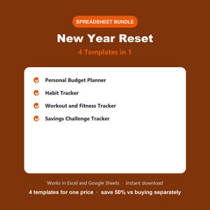 Peut inclure: Un ensemble de feuilles de calcul intitulé New Year Reset avec 4 modèles en 1, incluant un planificateur de budget personnel, un suivi d'habitudes, un suivi de fitness et un suivi d'épargne. Le design présente du texte blanc sur fond brun.