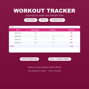 Peut inclure: Une interface de feuille de calcul de suivi d'entraînement sur fond rouge foncé. L'en-tête indique WORKOUT TRACKER, Log every set, watch your strength climb. Les boutons incluent Sets & Reps, PR Log, Progress Chart, INSTANT DOWNLOAD et EXCEL + GOOGLE SHEETS.