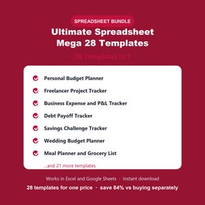 Ultimate Spreadsheet Mega Bundle | 28 Templates Pack, Budget, Tracker and Planner for Excel and Google Sheets | Instant Download