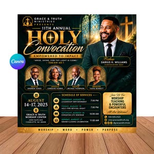 Puede incluir: Un folleto digital para la 11.ª Holy Convocation anual de Grace & Truth Ministries. Incluye un retrato del obispo Darius H. Williams, cuatro retratos más pequeños de oradores invitados, un programa de servicios del 14 al 17 de agosto de 2025 y texto.